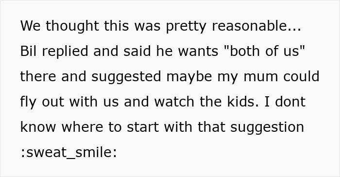 Text excerpt about a couple discussing travel and expenses for brother-in-law's wedding and its child-free policy. Text excerpt about a couple discussing travel and expenses for brother-in-law's wedding and its child-free policy.