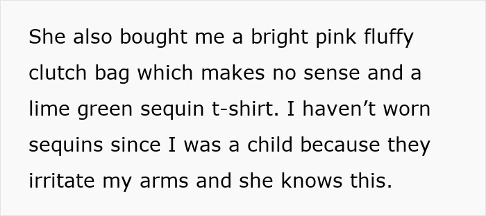 Alt text: Excerpt describing bad birthday presents from mums, including a bright pink fluffy clutch bag and an irritating lime green sequin t-shirt.