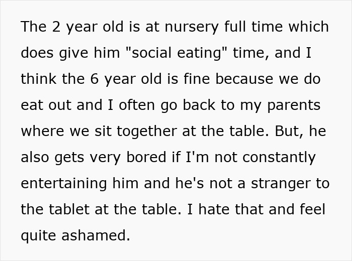 Text excerpt from a mom sharing challenges in trying to have family meals together despite hurdles faced.