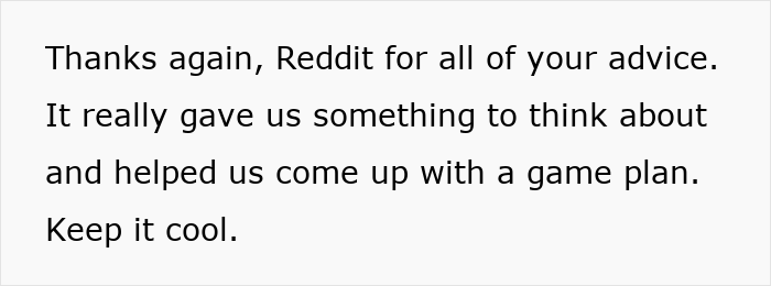 Text on a white background expressing gratitude to Reddit for advice that helped create a game plan and encouraging to keep it cool.