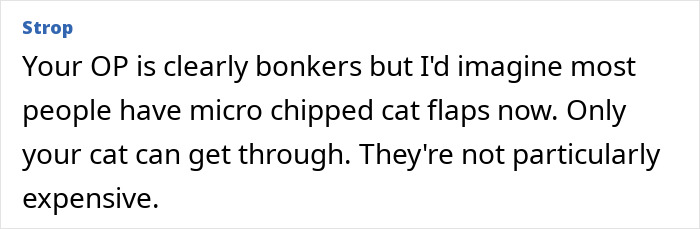 Screenshot of a comment discussing a man insisting on installing a cat flap, with suspicion about a pet fox.
