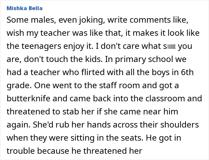 Comment discussing inappropriate teacher behavior and a dad discovering shocking texts between teen and teacher leading to arrest.