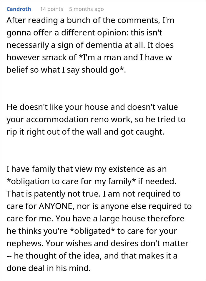 Screenshot of a comment discussing a dad upset about daughter&rsquo;s home and concerns over renovation and family obligations.