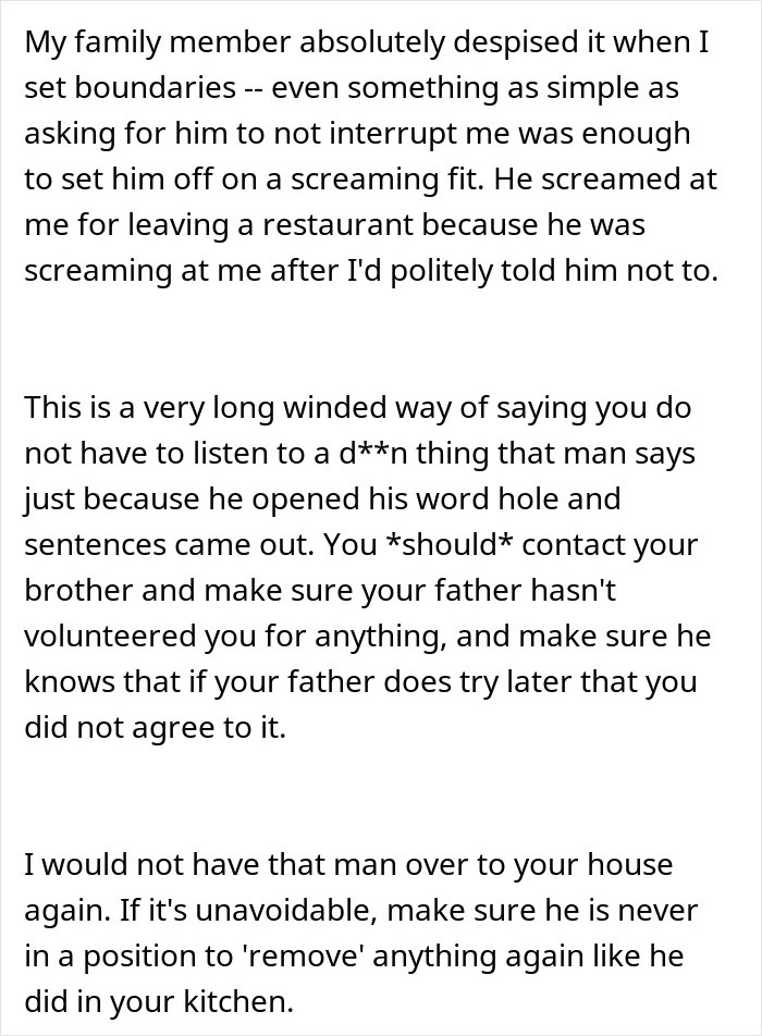 Text post discussing a dad upset about daughter&rsquo;s home, expressing concern over his strange behavior and boundaries.