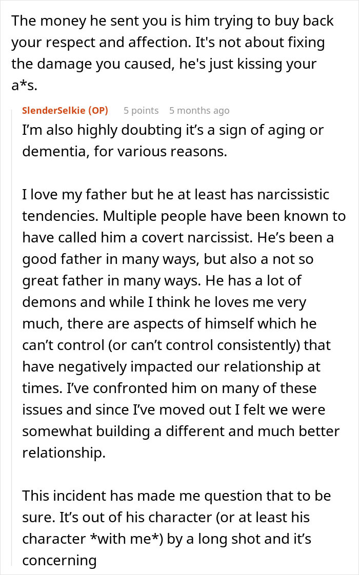 Comment discussing a dad upset about daughter&rsquo;s home and his behavior causing worry about their relationship.