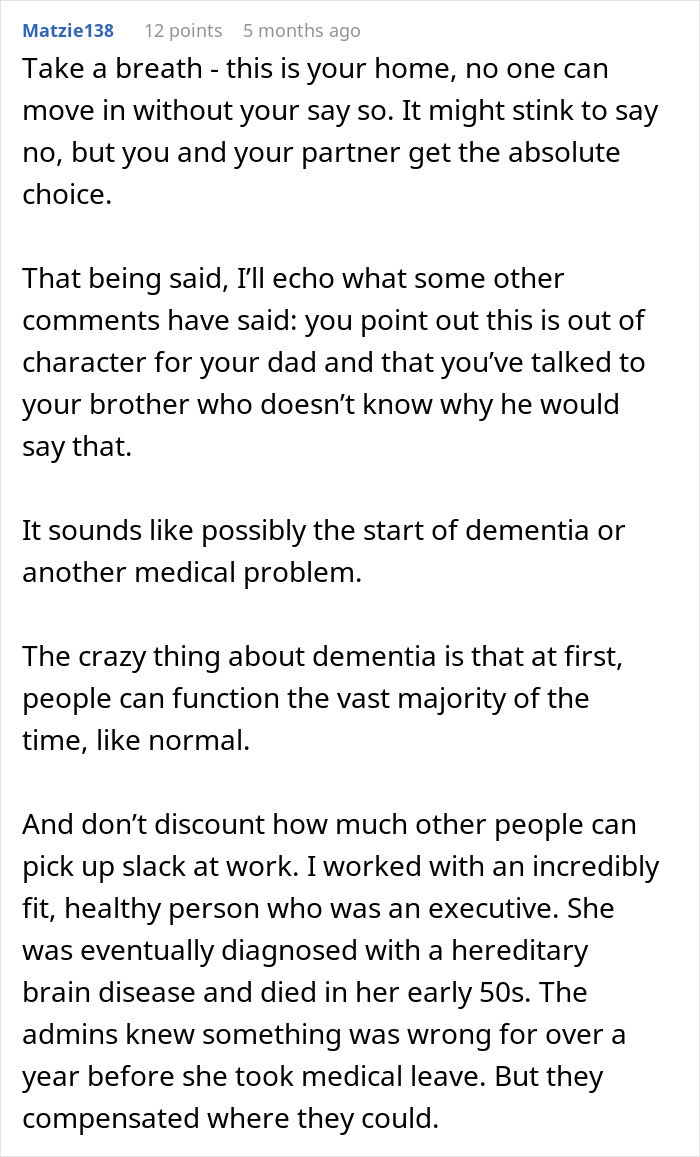 Comment discussing a dad upset about daughter&rsquo;s home and concerns about his unusual behavior possibly linked to dementia.