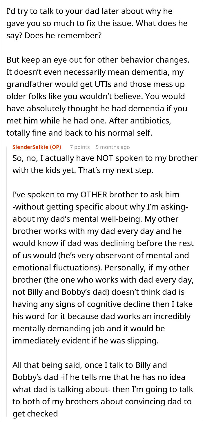 Text conversation discussing concerns about dad&rsquo;s mental well-being and unusual behavior suggesting possible cognitive decline.