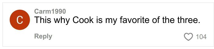 Comment on social media by user Carm1990 expressing fondness for Cook character, related to Daniel Curtis Lee discussion.