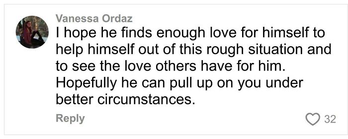 Comment from Vanessa Ordaz expressing hope for love and support to help homeless former co-star overcome rough situation.