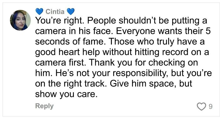 Comment by Cintia discussing the importance of caring without exploiting the homeless former co-star Tylor Chase.