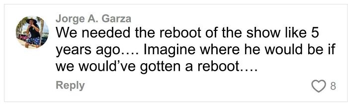 Comment by Jorge A. Garza discussing the missed opportunity for a reboot related to Daniel Curtis Lee and Tylor Chase.