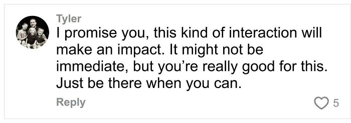 Comment from Tyler about making an impact and supporting others, related to Daniel Curtis Lee and Tylor Chase story.