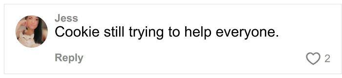 Comment by Jess with a profile picture, expressing concern about Cookie still trying to help everyone in a social media reply.