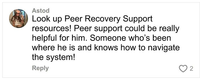 Comment by user Astod suggesting peer recovery support for homeless former co-star, related to Daniel Curtis Lee.