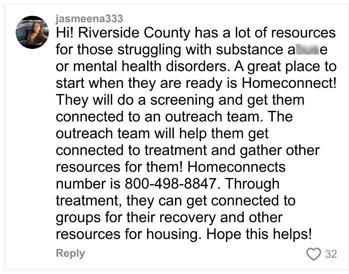 Comment about Riverside County resources for substance abuse and mental health, mentioning support for homeless outreach.