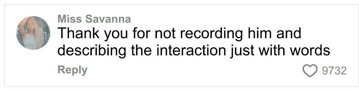 Comment by Miss Savanna expressing gratitude for not recording and describing the interaction with words only.