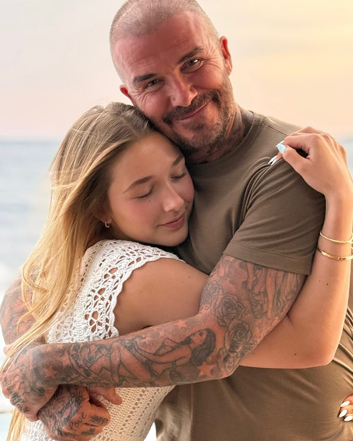 David Beckham hugging his daughter closely in a tender moment, sparking very creepy relationship online discussion.