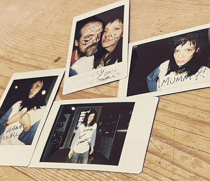 Polaroid photos of Lily Allen with handwritten notes on the images related to her brutal album about David Harbour.