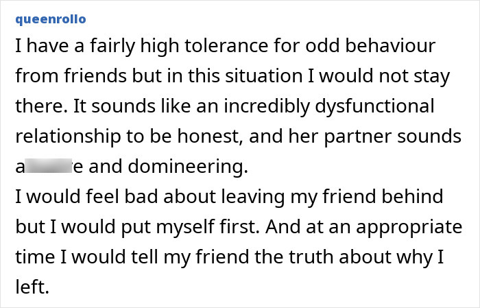 Text excerpt showing a comment about leaving a friend abroad due to a dysfunctional relationship and an intoxicated partner's behavior.