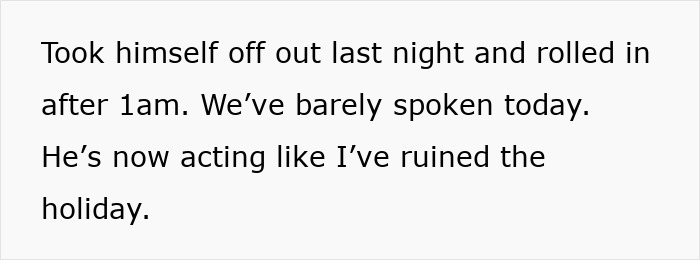 Text on screen showing tired mom feeling let down by a useless dad after a late night out and lack of communication.