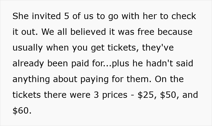 Text discussing coworkers attending superior&rsquo;s wife&rsquo;s show and realizing tickets were not free, revealing a scam experience.