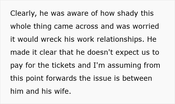 Text explaining coworkers feeling scammed after attending superior&rsquo;s wife&rsquo;s show that wasn&rsquo;t free as assumed.