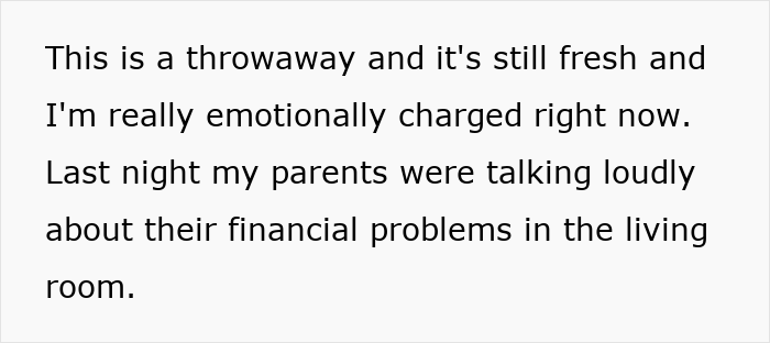 Text from a sibling about financial struggles and frustration after discovering sister lives rent free with parents.