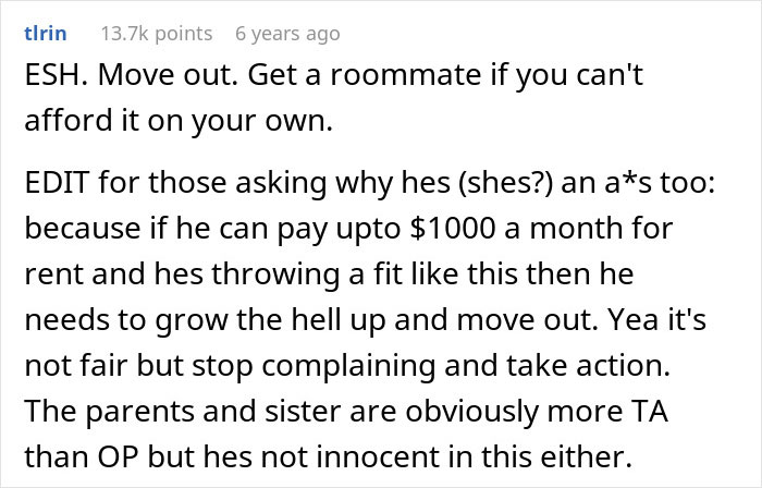 Comment discussing a sibling refusing to pay rent after discovering sister lives rent free, advising to move out or get a roommate.