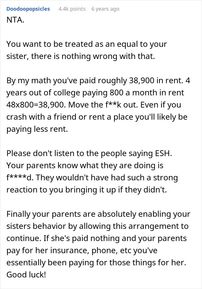 Comment explaining sibling refusing to keep paying rent to parents after discovering sister lives rent free.