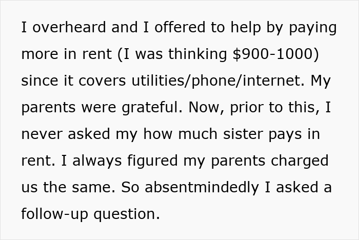 Text excerpt about sibling offering to pay more rent after realizing sister lives rent free, discussing sibling refusing to keep paying rent.