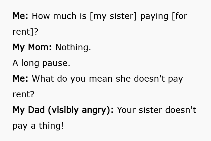 Conversation text showing a sibling learning their sister lives rent free, sparking anger about rent payment fairness.