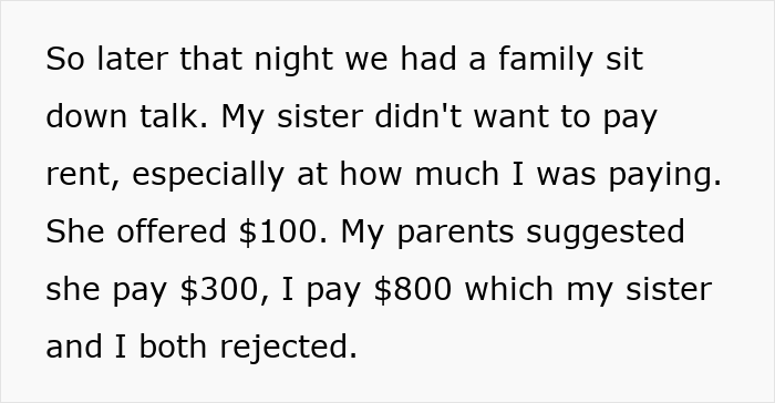 Text describing a family discussion where sibling refuses to keep paying rent after discovering sister lives rent free.