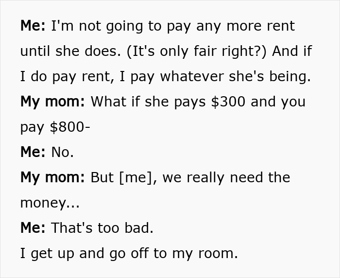 Conversation text shows sibling refusing to pay rent until sister pays, highlighting rent-free living conflict with parents.