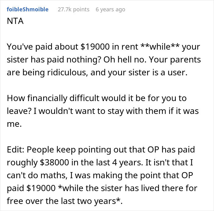 Text conversation about sibling refusing to pay rent after discovering sister lives rent free with parents.