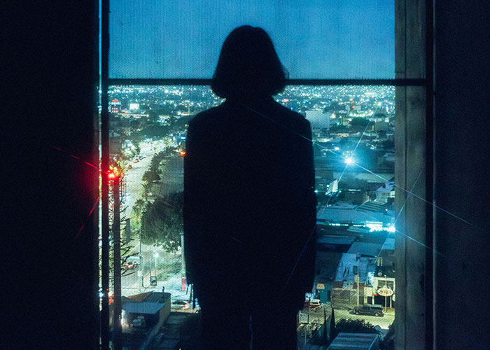 Silhouetted person standing by a window overlooking a cityscape at night, representing villain in someone's story.