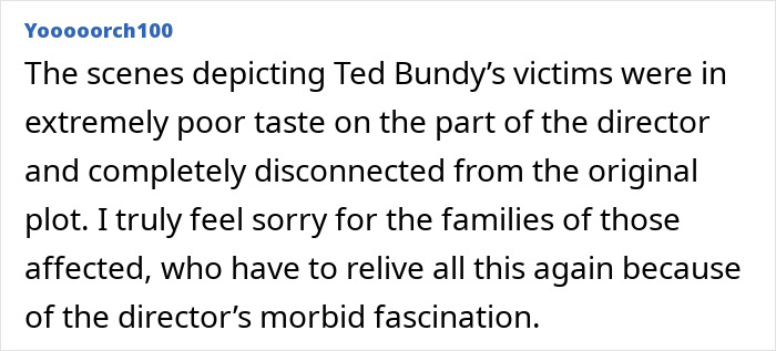 Alt text: Comment criticizing Netflix's Monster Ed Gein story for poor taste and inaccurate depiction of victims and families affected.