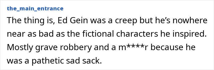 Screenshot of text discussing Ed Gein as a real person compared to fictional characters in Netflix's Monster: The Ed Gein Story.