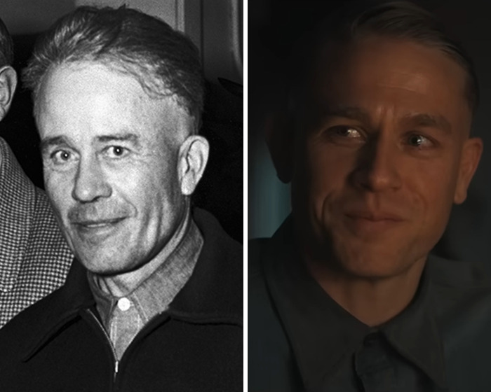 Side-by-side images of Ed Gein and the actor portraying him in Netflix's Monster showing made-up story details.
