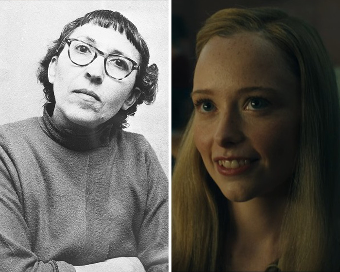 Split image showing a black and white photo of a woman on the left and a smiling young woman from Netflix's Monster Ed Gein story on the right.