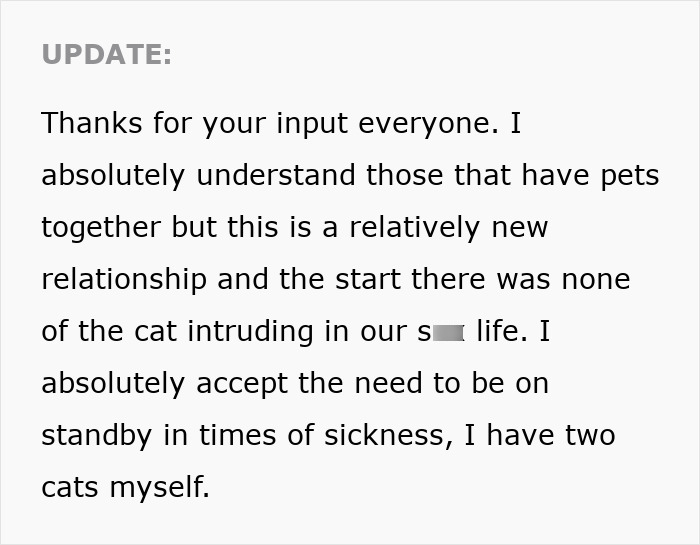 Text update explaining concerns about stroking cat during intimacy in a new relationship with pets together.