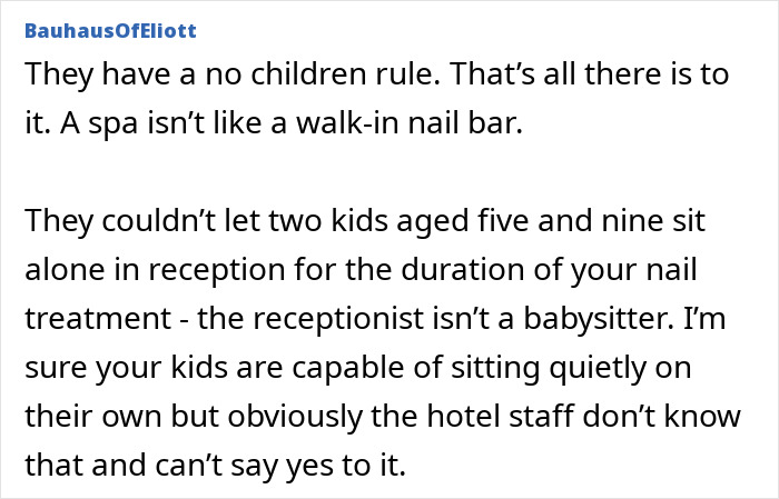 Spa reception area with a no children rule, explaining challenges when taking daughters to get nails done.
