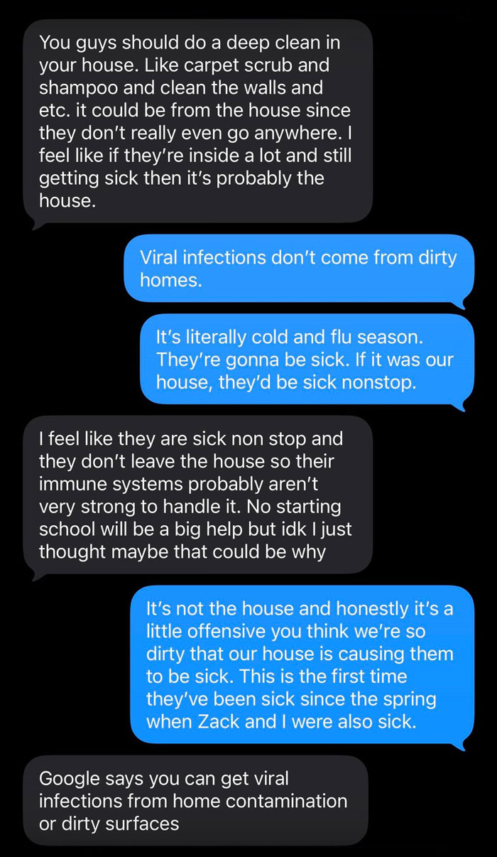 Text message exchange showing exhausted mom defending her kids&rsquo; sickness against bestie blaming a dirty house and home contamination.
