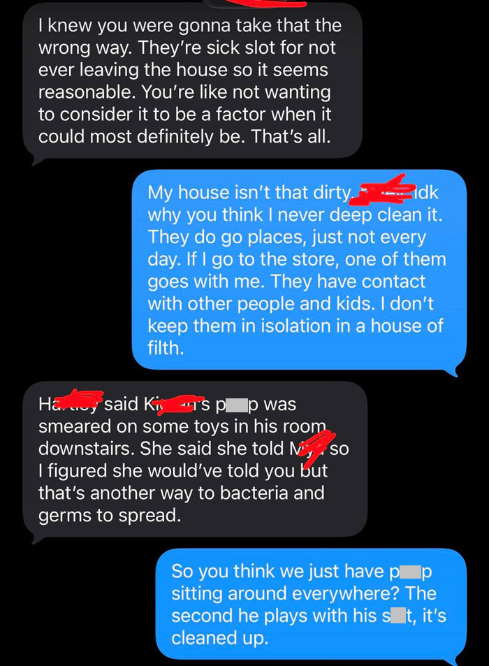 Text message exchange showing exhausted mom defending her not spotless house and involvement of her kids amid shaming.