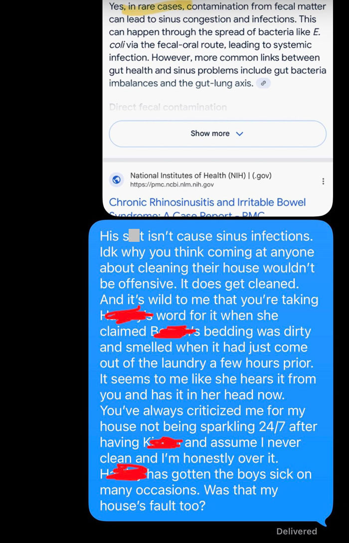 Text message exchange showing an exhausted mom defending her home against bestie shaming over cleanliness and involving kids.