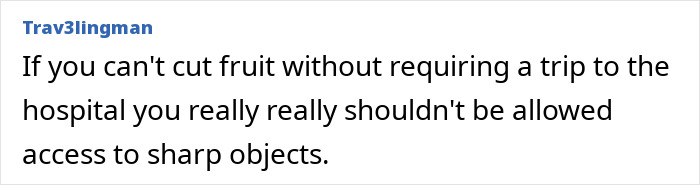 Screenshot of a social media comment warning about fruit cutting injuries linked to doctor's avocado hands ER cases.