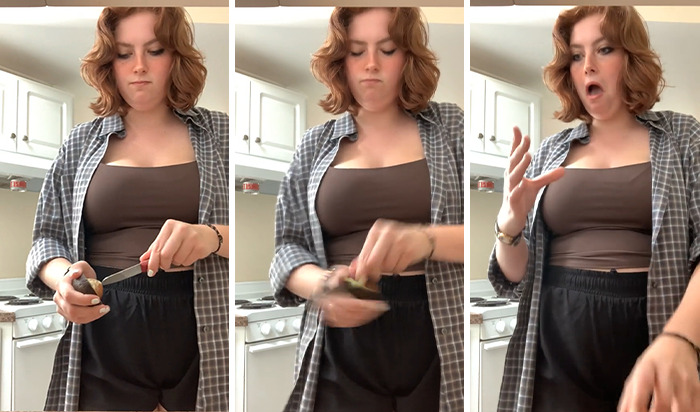 Young woman in kitchen slicing avocado, showing common mistake linked to doctor's avocado hands warning going viral.