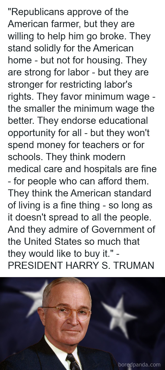 Portrait of President Harry S. Truman with a quote highlighting contradictions in political support and labor rights, chaotic good theme.