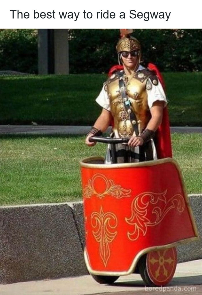 Person dressed as a Roman soldier riding a creatively decorated Segway in one of the weirdest purchases people would make.