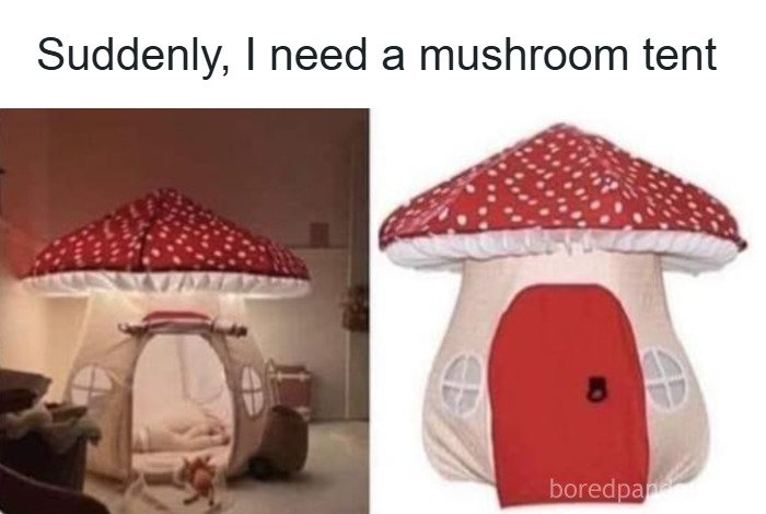 Plush mushroom tent indoor playhouse with red spotted roof, one of the weirdest purchases people would make in a heartbeat.