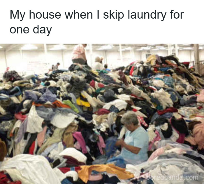 Large pile of laundry overwhelming people sorting clothes, relatable parenting memes showing chaotic daily life moments.